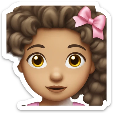 toddler girl with fluffy brunette hair, brown eyes, light skin and a pink bow in her hair sticker