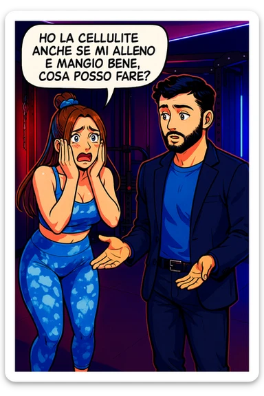 TRASFORMA QUESTO CAROSELLO IN UN FUMETTO STILE WEBTOON/MANGA A COLORI CON QUESTE DUE PERSONE IDENTICHE CHE INTERLOQUISCONO TRA LORO, LA DONNA è DISPERATA CON LE MANI SULLE GUANCE E STA DOMANDANDO TUTTA AGITATA UNA COSA ALL'UOMO:

LEI (DONNA): Ho la cellulite anche se mi alleno e mangio bene, cosa posso fare? sticker