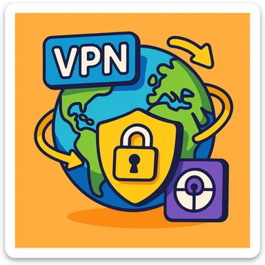 3D globe with VPN and digital security, cartoon 3D style sticker