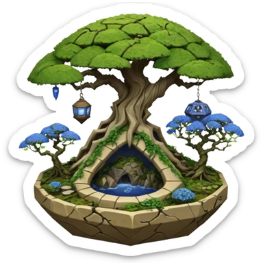 Alien spacecraft hanging jungle-vines mountain-island landscape mudman very old broken cracked intricate Stone Age rocky-crusted irregular dodecagon-shaped shallow dark moss rough bark blue willow flowered maple tree bonsai pot sticker