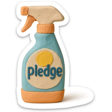 claymation style Pledge-inspired furniture polish bottle with a spray nozzle, playful arrangement, pastel palette sticker