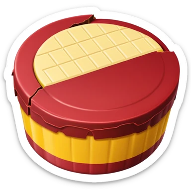 round chocolate bonbon with wafer center and yellow and red wrapper sticker