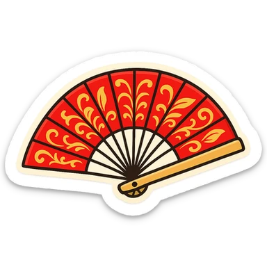Add gold details to the red hand fan in the style of cartoonish stickers. Keep the sticker style with no background. sticker