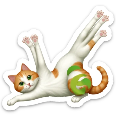 ginger and white cat with green eyes doing a big extremely long stretch reaching up into the air with arms and legs side by side together straight and overextended whilst lying on its side sticker