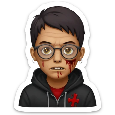 Chico moreno zombie, con gafas y sudadera negra, dos aretes en la oreja izquierda y dos en la derecha, ojeras en los ojos y sticker