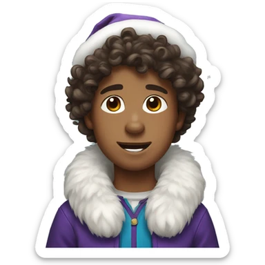 A boy with curly brown hair with an husky in Christmas costume  sticker