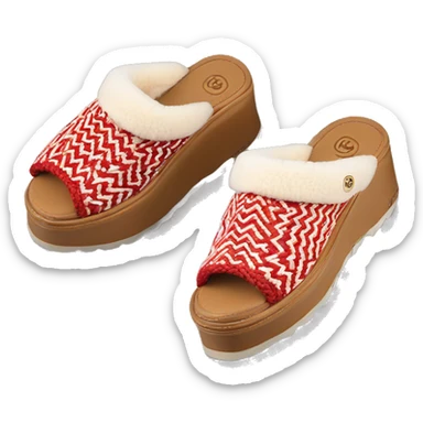 Camel color chunky platform slip-on mule UGG slippers. Very thin red and white woven zig-zag trim line detail on the cuff sticker
