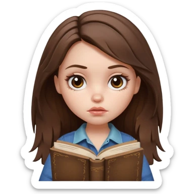 generate a pretty bratz girl with dark circles and a book in hand, looking tired. Messed up hair  sticker