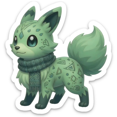 Rare epic greenish exotic cool creepy epic aesthetic gothic Salandit-Eevee-Tanuki-Civet-species-Fakemon-hybrid-creature, with a scarfie, and with intricate random markings, full body sticker