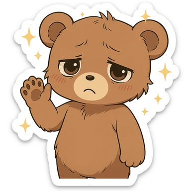 Add sparkles around the anime style cute bear waving. Keep the background transparent. The style is anime, cute bear with a waving pose. sticker