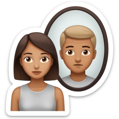 woman looking into a mirror with a man visible on the other side, apple emoji style, clear expressions, minimal details sticker