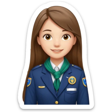 Young girl, long brown straight hair, wearing uniform jacket with hotel name badge, tasteful scarf, stand behind the desk

 sticker