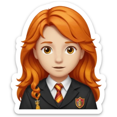 A iphone emoji with long wavy fierce orange hair and hazel eyes, wearing Gryffindor school uniform sticker
