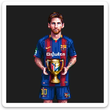 Lionel Messi with a trophy, pixel art style, detailed jersey sticker