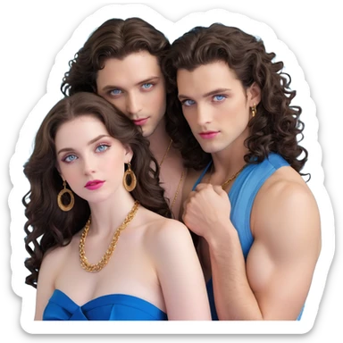 attractive couple embracing in romantic pose, woman with big blue-grey eyes, long lashes, pale skin, pink lips, long voluminous dark brown curls, gold hoop earrings, revealing silky halter top close to handsome man with intense blue-grey eyes, chiseled features, pale skin, confident smirk, dark brown styled hair, gold chain, revealing open shirt, faces close together sticker