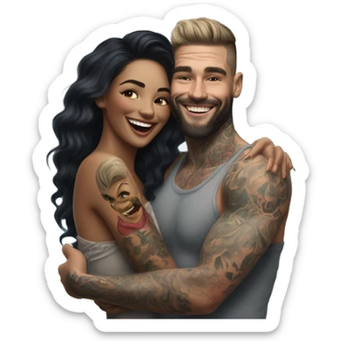 Hyper Realistic beautiful woman in the arms of a very handsome tattooed man laughing  sticker
