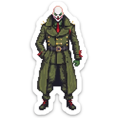 evil clown soldier, bald, small black satan horns on forehead, fangs, pointed ears, eye patch over one eye, long coat over black and military green clothes with bellbottom pants, realistically proportioned, less bulky, full body, fighting stance sticker