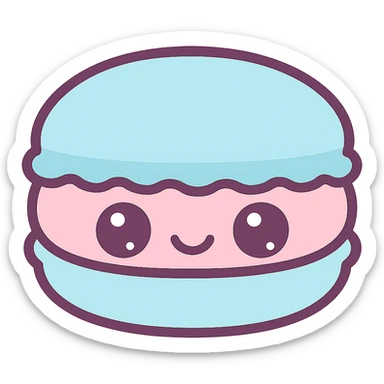 kawaii style macaron, smiling face, pastel blue and pink, big eyes, cheerful and fun sticker