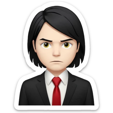 🎨 Classic Emoji — Gerard Way (Revenge Era)
Round, simplified emoji style
Pale skin tone
Jet-black, shoulder-length hair
Heavy eyeliner and slight red shadow under the eyes
Subtle serious / melancholic expression
Hint of red tie visible on black suit
Transparent background sticker