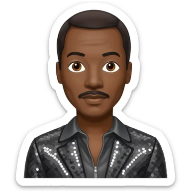 Eddie Murphy with dark brown hair, dark gray sequin outfit sticker