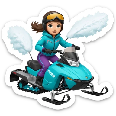 Can you create an emoji of a brunette girl on a teal polaris khaos 850 155 snowmobile doing a wheelie with snow flying sticker