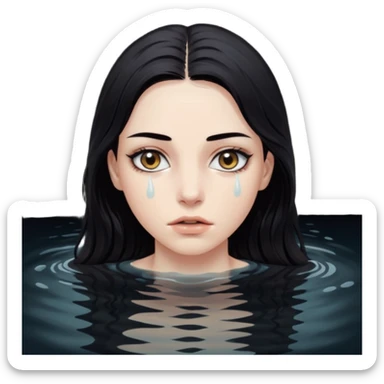 Woman submerged in black water, wet skin and eyes above surface, silent invitation sticker