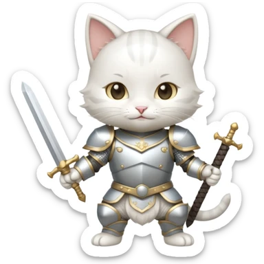 baby chibi white cat in silver armor, full body, smile, hold a sword sticker