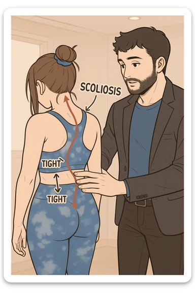 fai questa immagine in versione manga/webtoon a colori, il manga mostra la donna di spalle, mentre l'uomo le tocca la spina dorsale per spiegarle come funziona la scoliosi:
Con una scoliosi il baricentro corporeo cade maggiormente da un lato; per non cadere la schiena compensa accumulando tensione sul fianco opposto.
Il risultato? Si inclina e ruota sempre più, fino a che non cede (discopatie, artrosi, ecc) sticker