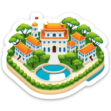 Xiamen Gulangyu Island with shady trees and colonial buildings, simplified emoji style with bold outlines and bright colors, cartoon style island with piano shape sticker
