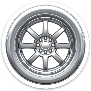 A chrome car wheel emoji, polished silver metal rim, smooth circular shape, minimal futuristic design, soft reflections, iOS emoji style, centered on white background, ultra clean look sticker
