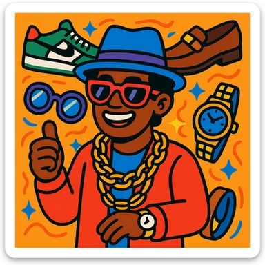 A charismatic person in the center with luxury accessories like high-end shoes, stylish glasses, gold chains, and watches arranged around them, modern illustration style, vibrant and colorful sticker