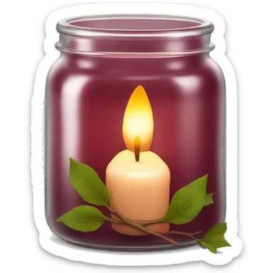  maroon candle in open glass jar with leaves  sticker