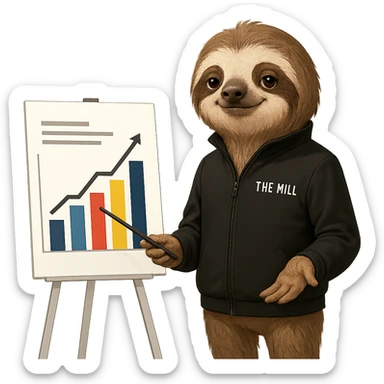 a sloth in a black 'The Mill' jacket, confidently presenting a business chart, looking smart and professional sticker
