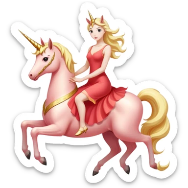 "woman, in long slim pastel red", rides "unicorn gold and white" sticker