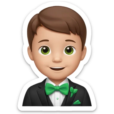 baby cute boy, brown hair in suit, with green bow, smile sticker