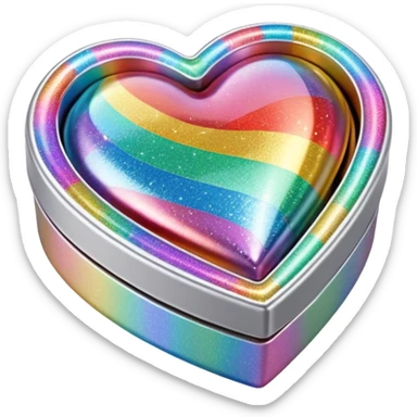 3D isolated, rendering, 8k resolution, 1x1, 8000x8000 pixels, transparent background, no emoji faces, Heart shaped box wrapped in silver metallic paper with 3D appearance holographic rainbow prismatic effect glitter cute cute sticker