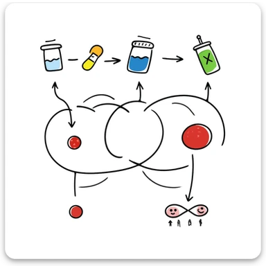 Anti-diabetic visualization with metabolic pathway: colorful flowchart showing blue insulin, green medication pills, yellow glucose molecules, and red blood cells. Hand-drawn educational diagram with arrows showing glucose regulation and insulin sensitivity improvement. sticker