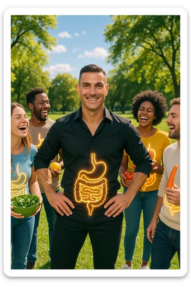  a smiling man stands at the center of a group of diverse, happy people in a bright park. Everyone has a subtle, glowing outline around their abdominal area, symbolizing a healthy gut. The group is laughing, sharing fresh fruits and vegetables, and the atmosphere is vibrant and full of energy. sticker