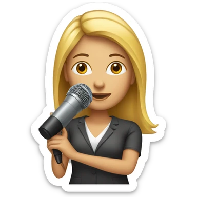 one reporter woman with a microfone sticker