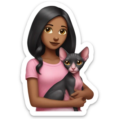 pink sphinx cat in the arms of a girl with long black hair sticker