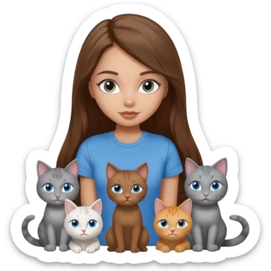 a pretty bratz dusky light skin girl with long brown hair, blue eyes with six cats nd wearing a grey tshirt sticker