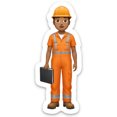 Indian male railway engineer orange overalls, boots holding a clipboard back view sticker