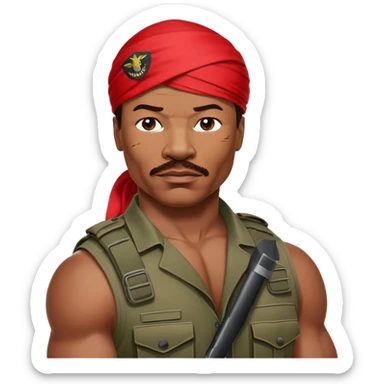 Carl Weathers as Dillon from Predator movie, muscular man in military gear with bandana sticker