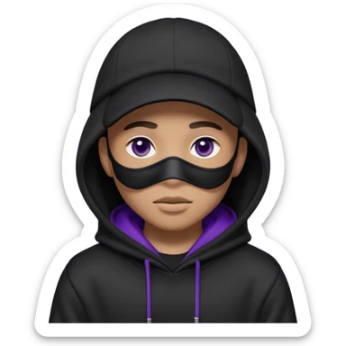 Cartoon blacked character related to a shadow, with all black clothes, focusing a hoodie with his cap on and a black facemask, no visible face because of the darkness, just his purple shadow eyes making a light bloom sticker