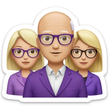 5 person team; 2 men and 3 women.  All dressed in yellow or purple.  Women have blonde and ash blonde hair.  1 man is black and bald, 1 man is caucasian and very little hair left.  All have glasses sticker