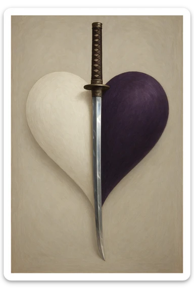 A refined katana planted in a symmetrical heart, clear division: half white, half purple, high-end artistic style, subtle details, reflections on the blade, elegant ambiance. sticker