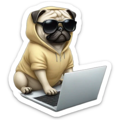 Pug wearing a hoodie and using a laptop and wearing sunglasses sticker