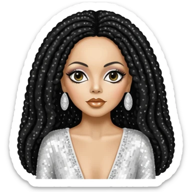 Diana Ross with long jet black hair, white sequin outfit sticker