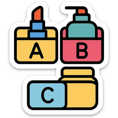 three boxes with "A", "B", "C" labels, inside those boxes there are some beauty products sticker