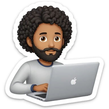 Brown skinned guy with beard and curly back hair with a laptop sticker